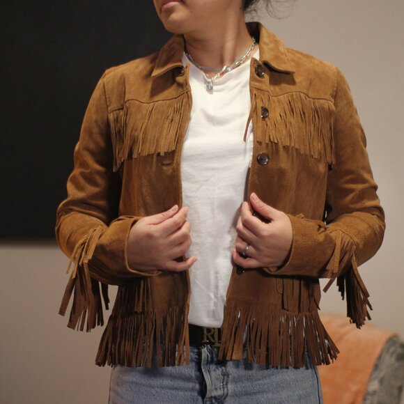 Fringe Suede Leather Jacket Aqua - Picture 1 of 13